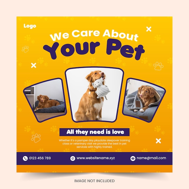 Vector pet shop service social media post banner template or pet care social media cover and web banner