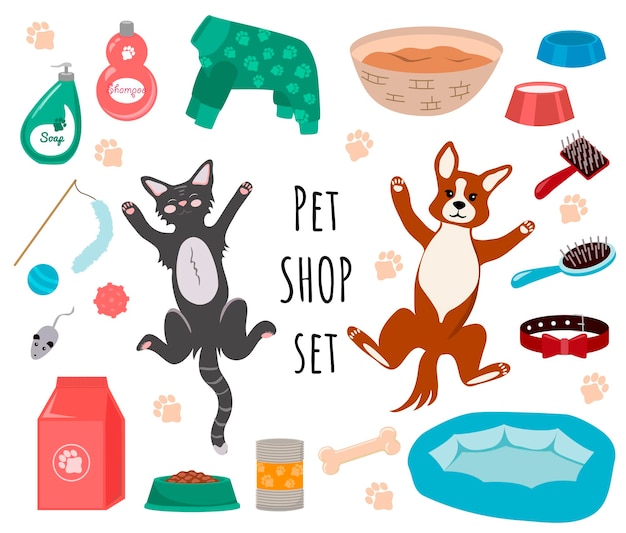 Pet shop set of illustrations cartoon dog and cat pet products