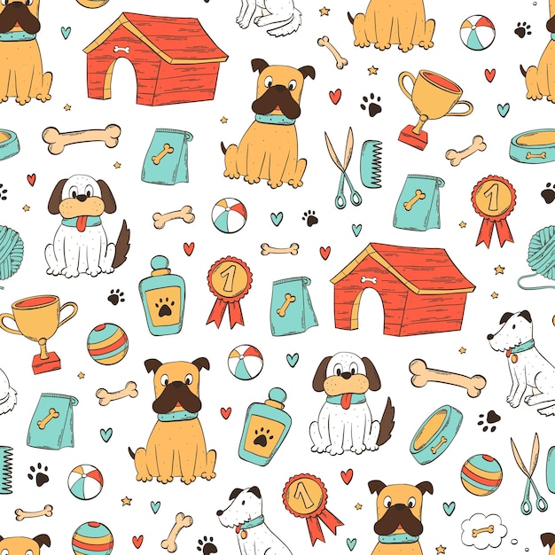 애완동물 가게 귀여운 개 벽지를위한 만화 요소 클립 아트와 함께 원활한 패턴