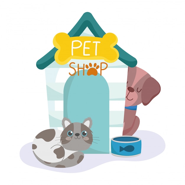 Pet shop, spotted cat and dog house and bowl animals cartoon