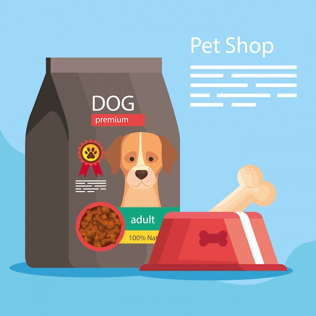 Pet shop with bag and dish food