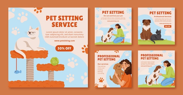 Collezione di post di marketing piatto disegnato a mano per animali domestici