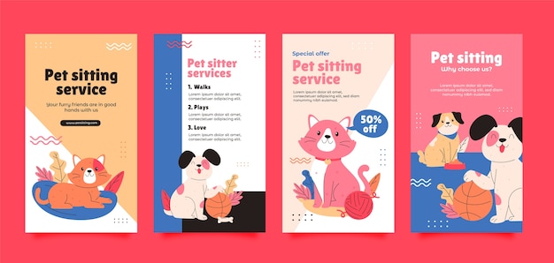 Vettore collezione di storie di instagram di design piatto per animali domestici