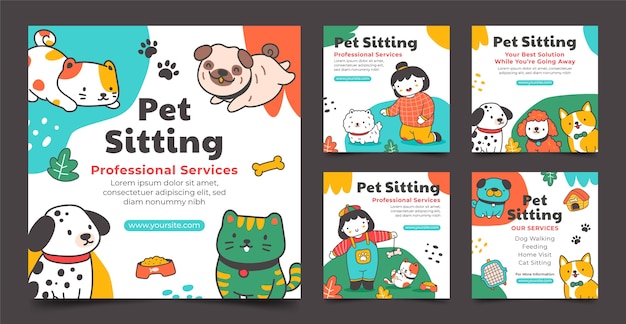 Vettore collezione di post di instagram disegnati a mano con servizio di pet sitting