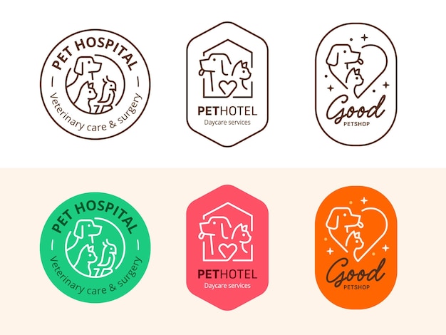 Logo del negozio di animali, del negozio, dell'hotel o dell'ospedale. illustrazione del vettore del badge dell'etichetta correlata all'animale domestico.