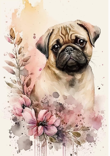 Vettore pet-themed pug dog acquerello ritratto disegno vettoriale