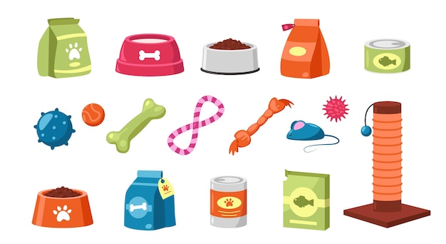 pet toys colorful cartoon accessory products for dogs or cats assortment of veterinary shop for domestic animals vector flat isolated collection