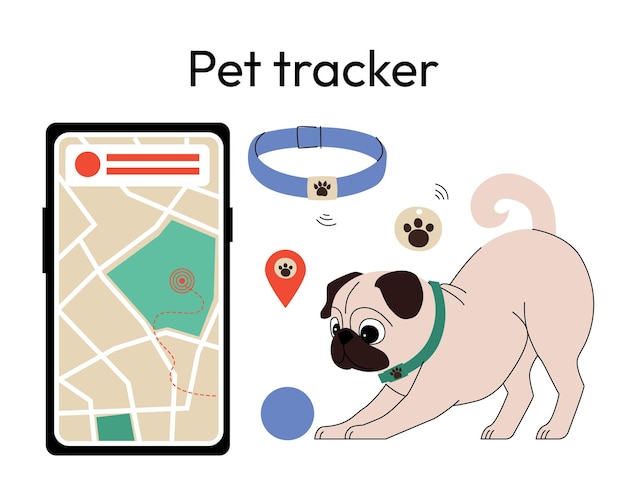 ペットトラッキングシステム - スマートGPSコラーを身に着けた犬を特徴としスマートフォンにトラッキングアプリを搭載しています