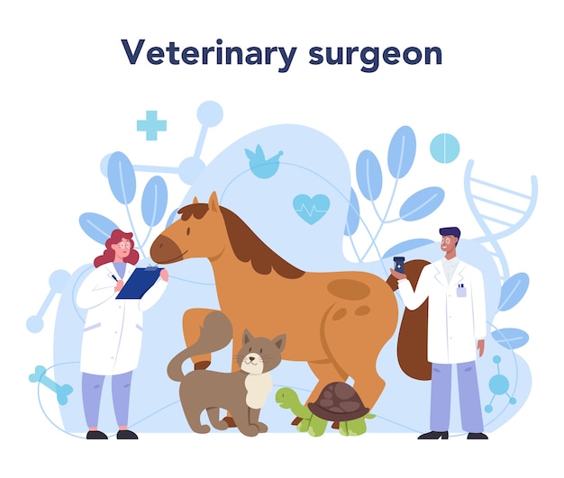 Вектор Концепция ветеринара домашних животных. ветеринарный врач проверяет животное.