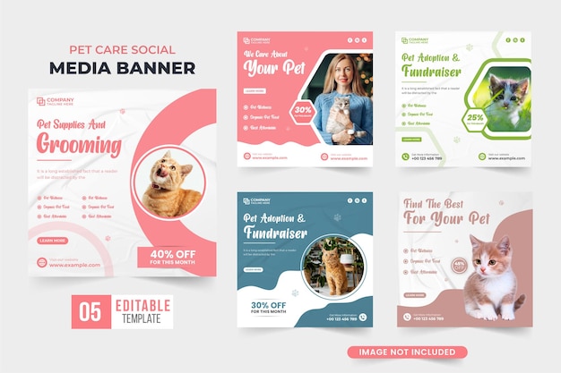 Pet veterinary business template bundle for social media marketing Pet care shop promotional web banner collection with pink and blue colors Pet shop advertisement template set with abstract shapes