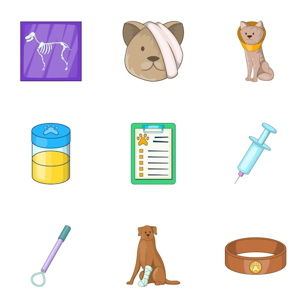 Vector pet veterinary clinic icons set, cartoon style