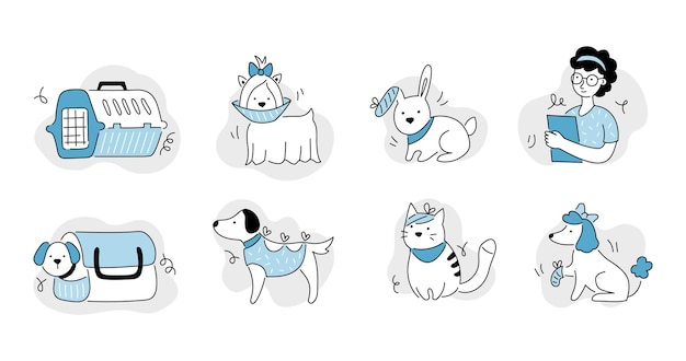 Pet veterinary clinic line icon set sick pet animal cat dog for veterinarian sticker template