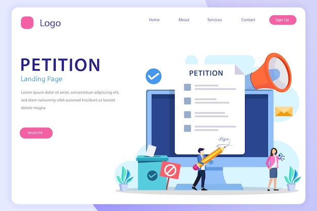 Petitie formulier concept Mensen ondertekenen en verspreiden petitie of klacht platte vector