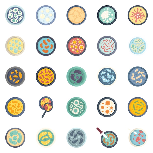 Petri dish icons set flat vector bacteria experiment