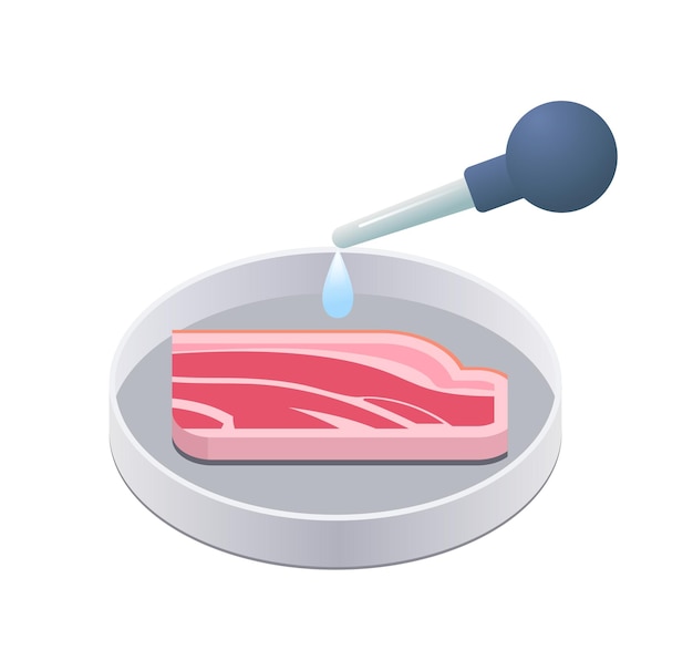 Vector petri dish with beef steak cultured raw red meat made from animal cells artificial lab grown meat production concept