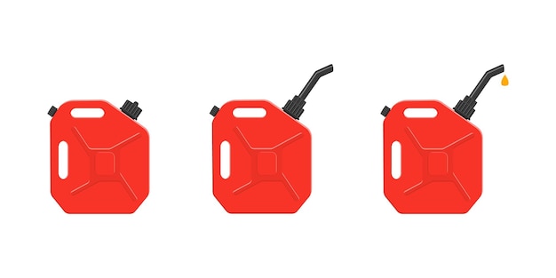 Petrol canisters with closing cap, spout and pouring gasoline drop. Set of gas cans, fuel containers isolated on white background. Vector cartoon illustration.