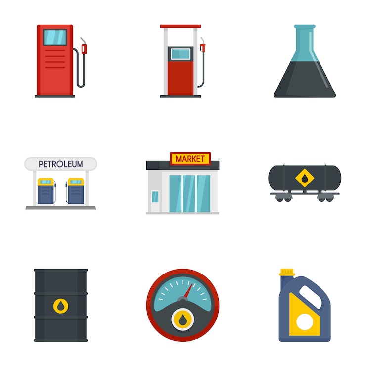 Vector petrol fuel icon set, flat style
