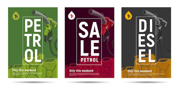 Petrol posters templates with fuelling nozzel and oil canisters modern graphic