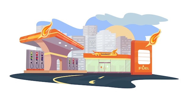 Petrol station Fuelm diesel Urban landscape Flat vector illustration