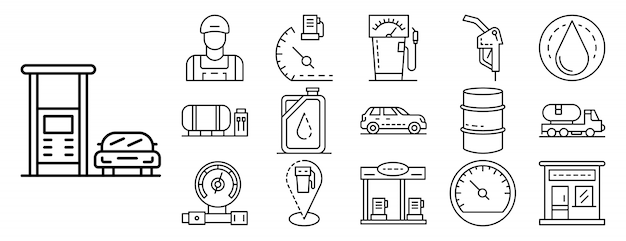 Petrol station icon set, outline style