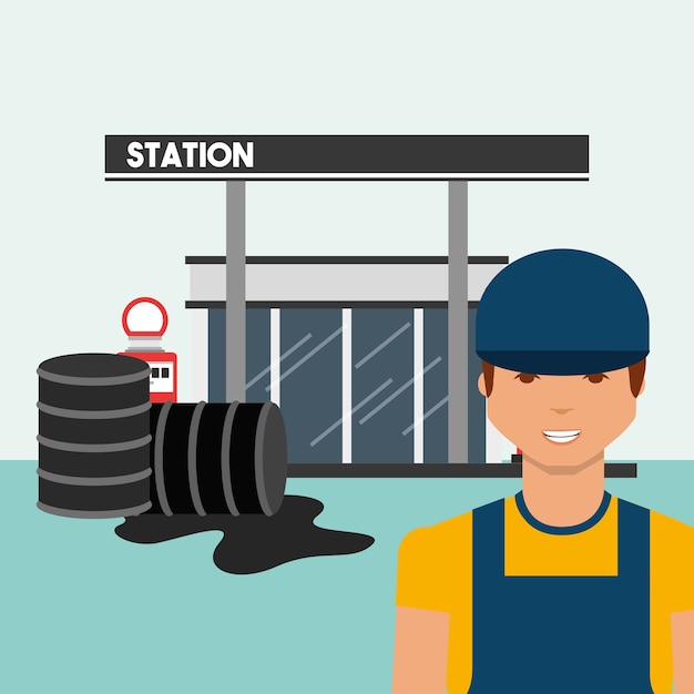 Vector petrol station with worker and oil spill industry