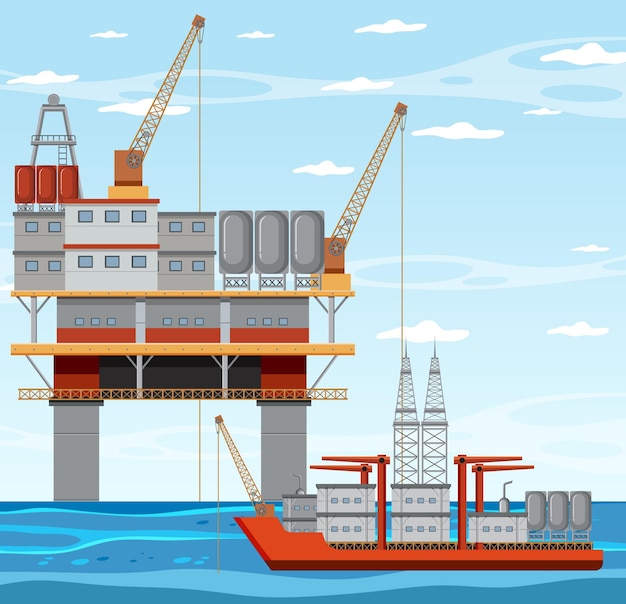 Vettore concetto di industria petrolifera con piattaforma petrolifera offshore