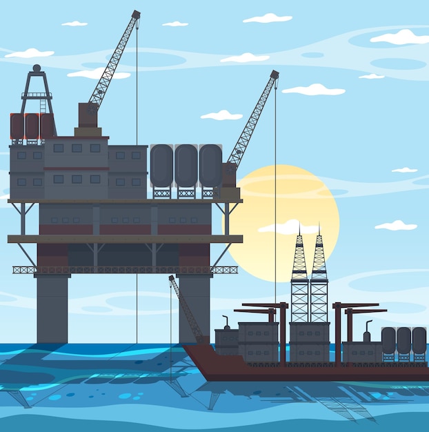Вектор Концепция нефтяной промышленности с морской нефтяной платформой