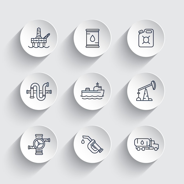 Vector petroleum industry line icons, gasoline nozzle, barrel, oil and gas production platform