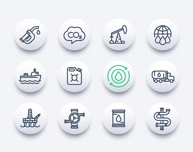 Petroleum industry, petrol, oil production line icons