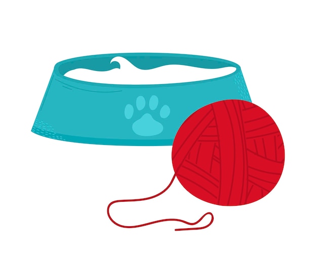 Pets accessories Ball of wool and bowl Vector illustration