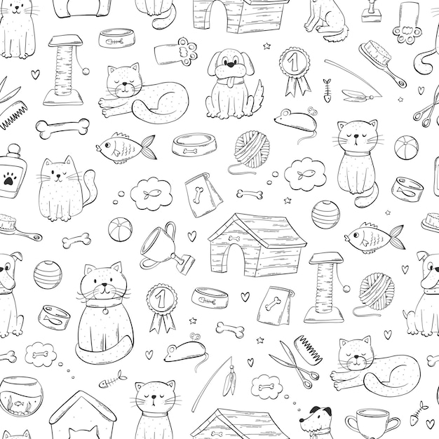 Vector pets and accessorise monochrome seamless pattern with doodles