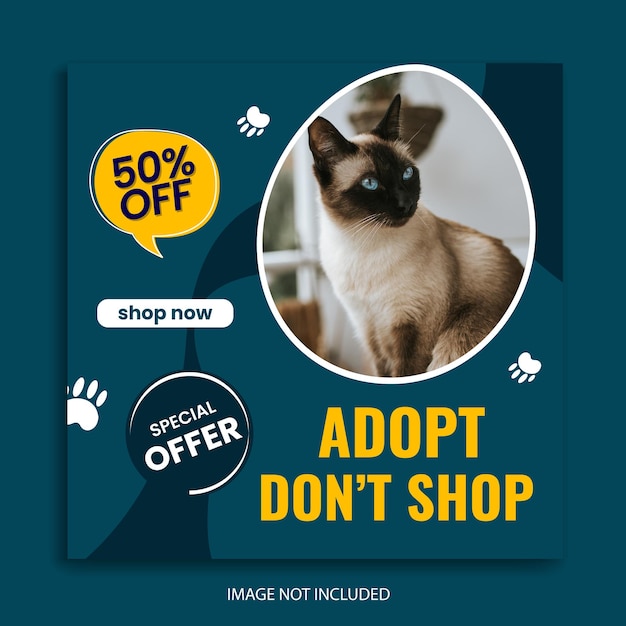 Pets adoption with cat social media and post web banner template