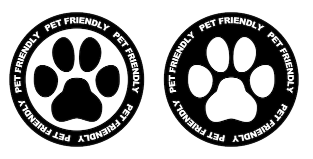 Pets allowed sign. Black and white paw symbol in circle with pet friendly text written on it.