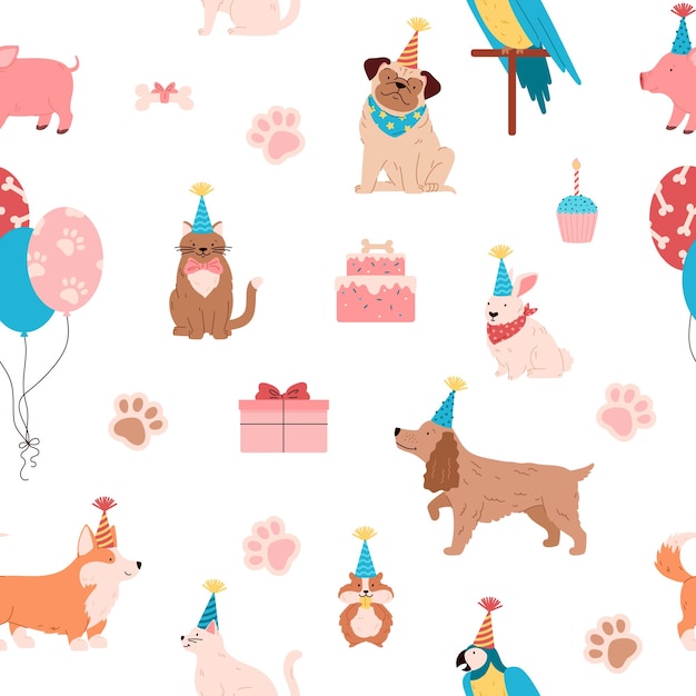 Pets birthday party seamless pattern with cute dogs cats hamster and parrot flat vector illustration