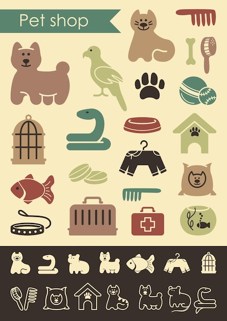 Vector pets care icon set flat and linear illustrations on the theme of a pet shop