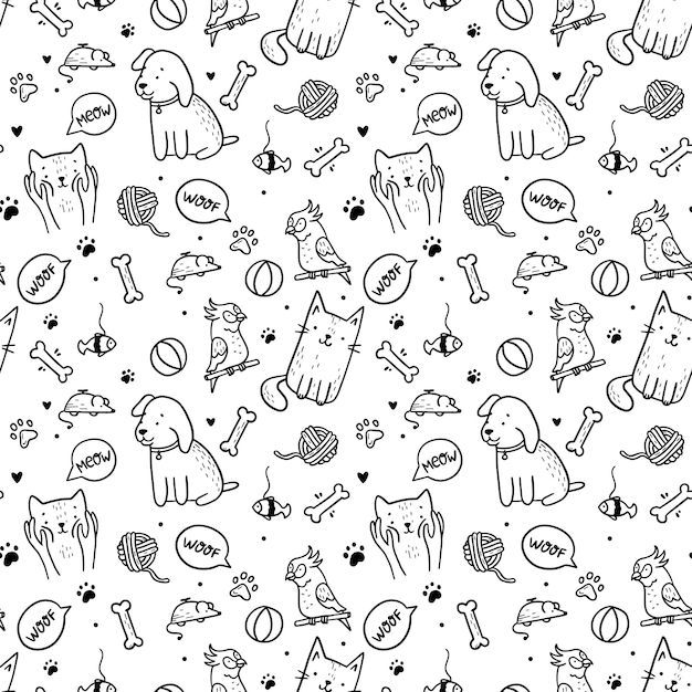 Vector pets cats and dogs seamless pattern in doodle style with cute animals and toys