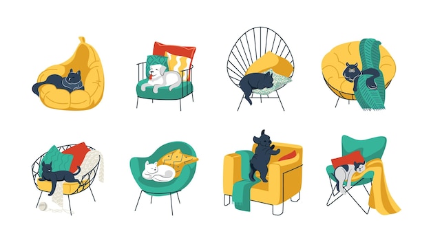 Vector pets in chairs cartoon funny home animals in cozy armchairs cats and dogs sleeping and resting on sofa kittens playing on stools vector bright furniture set with pillows and blankets