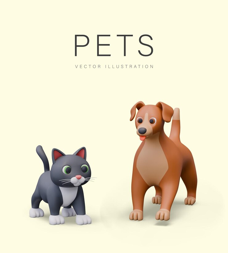 Vector pets concept in cartoon style set of vector 3d animal figures cat and dog