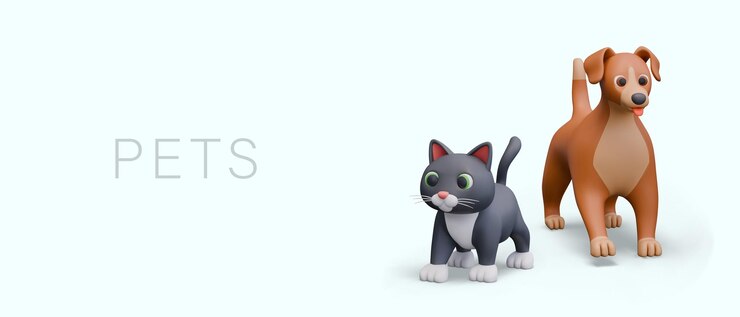Vector pets concept cute 3d cat and dog fluffy domesticated animals