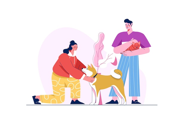 Pets concept with people scene in the flat cartoon style Friends went out for a walk with their pets