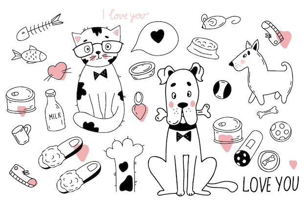Домашние животные симпатичные персонажи собака с костью и кошка в очках домашние тапочки еда линейный рисованной