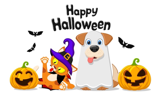 Vector pets dog and cat in halloween costumes closeup on a white background characters