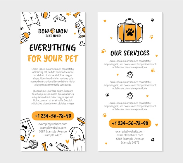 Pets hotel flyer template for printing in doodle style