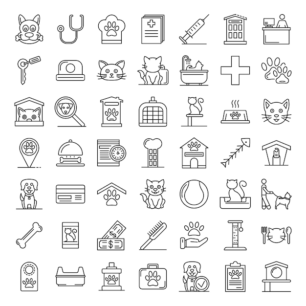 Vector pets hotel icons set, outline style