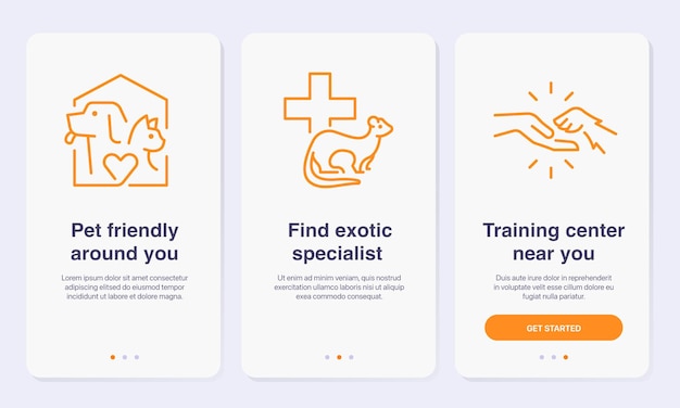ベクトル ペット位置情報サービスのコンセプト オンボーディング アプリ画面 モバイル アプリの簡略化されたウォークスルー画面