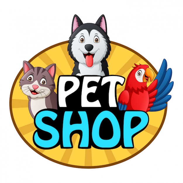 개, 고양이와 앵무새 애완 동물 가게 로고. 삽화