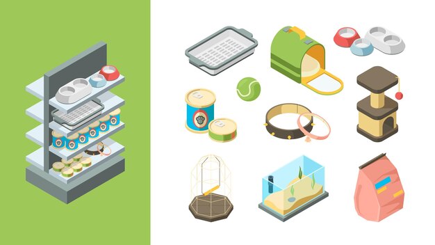 Pets shop. products for animals balls toys food dogs cats fishes items vector isometric collection