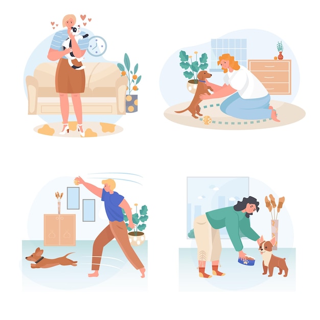 Pets with their owners concept scenes set vector illustration of characters