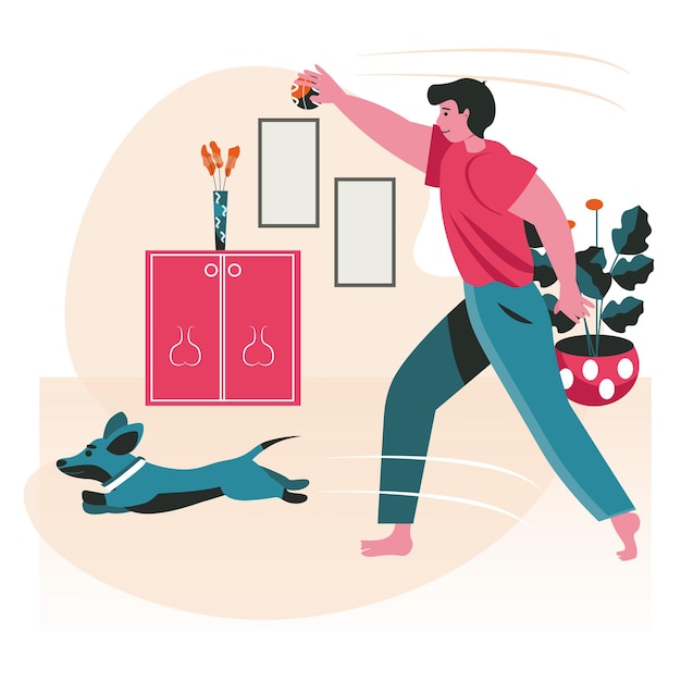 Pets with their owners scene concept. Man playing ball with dog and training in room. Taking care of pets, relationship with animal, people activities. Vector illustration of characters in flat design