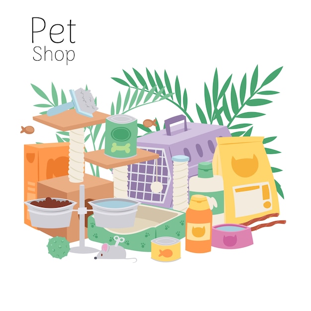 Вектор Плакат petshop содержит клетку для кошек и собак, игрушки, корм для домашних животных, миски и иллюстрации с листьями растений.